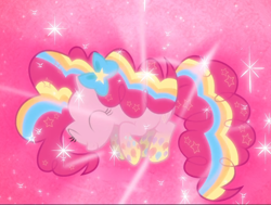 Size: 1136x857 | Tagged: safe, screencap, character:pinkie pie, episode:twilight's kingdom, g4, my little pony: friendship is magic, cropped, cute, diapinkes, eyes closed, floating, glow, rainbow power, rainbow power-ified, smiling, solo