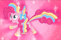 Size: 1385x904 | Tagged: safe, screencap, character:pinkie pie, episode:twilight's kingdom, g4, my little pony: friendship is magic, cropped, floating, glow, open mouth, rainbow power, rainbow power-ified, smiling, solo