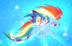 Size: 1319x845 | Tagged: safe, screencap, character:rainbow dash, species:pegasus, species:pony, episode:twilight's kingdom, g4, my little pony: friendship is magic, cropped, floating, glow, lidded eyes, rainbow power, rainbow power-ified, smiling, solo