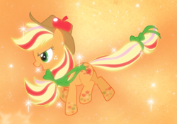 Size: 1223x856 | Tagged: safe, screencap, character:applejack, episode:twilight's kingdom, g4, my little pony: friendship is magic, cropped, floating, glow, open mouth, rainbow power, rainbow power-ified, smiling, solo
