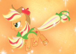 Size: 1169x830 | Tagged: safe, screencap, character:applejack, episode:twilight's kingdom, g4, my little pony: friendship is magic, cropped, floating, glow, open mouth, rainbow power, rainbow power-ified, smiling, solo
