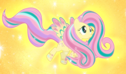 Size: 1445x850 | Tagged: safe, screencap, character:fluttershy, species:pegasus, species:pony, episode:twilight's kingdom, g4, my little pony: friendship is magic, cropped, floating, glow, rainbow power, rainbow power-ified, smiling, solo