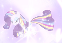 Size: 1213x838 | Tagged: safe, screencap, character:rarity, species:pony, species:unicorn, episode:twilight's kingdom, g4, my little pony: friendship is magic, bright, cropped, floating, glow, lidded eyes, rainbow power, rainbow power-ified, solo