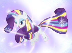 Size: 1112x828 | Tagged: safe, screencap, character:rarity, species:pony, species:unicorn, episode:twilight's kingdom, g4, my little pony: friendship is magic, cropped, floating, glow, lidded eyes, open mouth, rainbow power, rainbow power-ified, solo