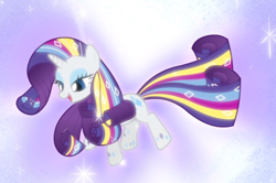 Size: 1230x816 | Tagged: safe, screencap, character:rarity, species:pony, species:unicorn, episode:twilight's kingdom, g4, my little pony: friendship is magic, cropped, floating, glow, lidded eyes, open mouth, rainbow power, rainbow power-ified, smiling, solo