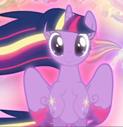 Size: 516x533 | Tagged: safe, screencap, character:twilight sparkle, character:twilight sparkle (alicorn), species:alicorn, species:pony, episode:twilight's kingdom, g4, my little pony: friendship is magic, cropped, floating, glow, looking at you, rainbow power, rainbow power-ified, smiling, solo, wings