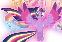 Size: 962x663 | Tagged: safe, screencap, character:applejack, character:fluttershy, character:pinkie pie, character:rainbow dash, character:twilight sparkle, character:twilight sparkle (alicorn), species:alicorn, species:pegasus, species:pony, episode:twilight's kingdom, g4, my little pony: friendship is magic, cropped, cute, dashabetes, eyes closed, female, floating, glow, looking at you, mare, rainbow power, rainbow power-ified, smiling, solo focus, spread wings, wings