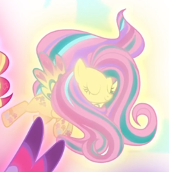 Size: 498x506 | Tagged: safe, screencap, character:fluttershy, episode:twilight's kingdom, g4, my little pony: friendship is magic, cropped, eyes closed, floating, glow, rainbow power, rainbow power-ified, smiling, solo