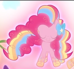 Size: 422x395 | Tagged: safe, screencap, character:pinkie pie, episode:twilight's kingdom, g4, my little pony: friendship is magic, cropped, eyes closed, floating, glow, rainbow power, rainbow power-ified, solo