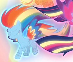 Size: 589x497 | Tagged: safe, screencap, character:rainbow dash, species:pegasus, species:pony, episode:twilight's kingdom, g4, my little pony: friendship is magic, cropped, eyes closed, floating, glow, rainbow power, rainbow power-ified, smiling, solo