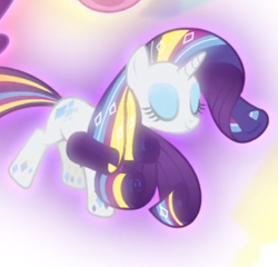 Size: 449x431 | Tagged: safe, screencap, character:rarity, episode:twilight's kingdom, g4, my little pony: friendship is magic, cropped, eyes closed, floating, glow, rainbow power, rainbow power-ified, smiling, solo