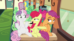 Size: 1920x1080 | Tagged: safe, screencap, character:apple bloom, character:lemon hearts, character:scootaloo, character:sweetie belle, species:pegasus, species:pony, episode:growing up is hard to do, g4, my little pony: friendship is magic, cutie mark crusaders, older, older apple bloom, older cmc, older scootaloo, older sweetie belle, sitting