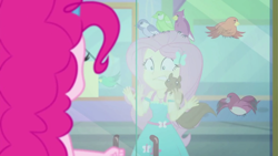 Size: 1920x1080 | Tagged: safe, screencap, character:fluttershy, character:pinkie pie, species:bird, episode:tip toppings, g4, my little pony:equestria girls, squirrel