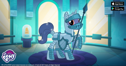 Size: 1200x630 | Tagged: safe, gameloft, screencap, species:pony, species:unicorn, g4, armor, facebook, from the shadows, knight, medieval equestria, shield, spear, weapon