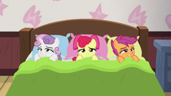 Size: 1920x1080 | Tagged: safe, screencap, character:apple bloom, character:scootaloo, character:sweetie belle, species:pegasus, species:pony, episode:growing up is hard to do, g4, my little pony: friendship is magic, bed, cutie mark crusaders