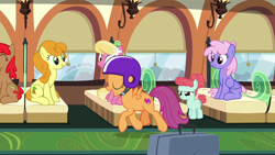 Size: 1920x1080 | Tagged: safe, screencap, character:carrot top, character:cherry spices, character:golden harvest, character:lily, character:lily valley, character:rainbowshine, character:scootaloo, species:earth pony, species:pegasus, species:pony, species:unicorn, episode:growing up is hard to do, g4, my little pony: friendship is magic, being big is all it takes, helmet, older, older scootaloo, smiling