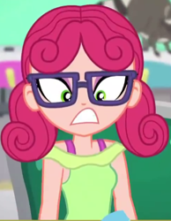 Size: 326x421 | Tagged: safe, screencap, episode:tip toppings, g4, my little pony:equestria girls, alizarin bubblegum, angry, cropped, female, glasses, solo focus, tip toppings: fluttershy