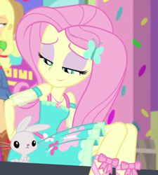 Size: 508x565 | Tagged: safe, screencap, character:angel bunny, character:applejack, character:fluttershy, episode:tip toppings, g4, my little pony:equestria girls, cropped, geode of fauna, magical geodes