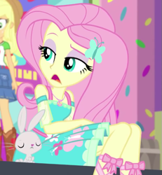 Size: 523x566 | Tagged: safe, screencap, character:angel bunny, character:applejack, character:fluttershy, episode:tip toppings, g4, my little pony:equestria girls, cropped, geode of fauna, magical geodes