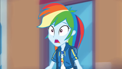 Size: 1275x720 | Tagged: safe, screencap, character:rainbow dash, species:human, episode:run to break free, g4, my little pony:equestria girls, backpack, cute, dashabetes, female, geode of super speed, magical geodes, open mouth, reaction image, shocked, solo