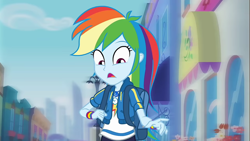 Size: 1275x720 | Tagged: safe, screencap, character:rainbow dash, species:human, episode:run to break free, g4, my little pony:equestria girls, backpack, clothing, cute, dashabetes, female, geode of super speed, magical geodes, reaction image, shocked, solo, wristband