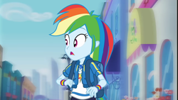 Size: 1280x720 | Tagged: safe, screencap, character:rainbow dash, species:human, episode:run to break free, g4, my little pony:equestria girls, backpack, clothing, cute, dashabetes, geode of super speed, magical geodes, open mouth, solo, wristband