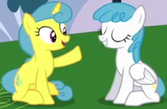 Size: 188x123 | Tagged: safe, screencap, character:lemon hearts, character:white lightning, species:pegasus, species:pony, species:unicorn, episode:no second prances, g4, my little pony: friendship is magic, duo, female, mare, picture for breezies, raised hoof, sitting