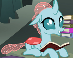 Size: 1173x940 | Tagged: safe, screencap, character:ocellus, species:changedling, episode:school daze, g4, my little pony: friendship is magic, book, cropped, cute, diaocelles, prone, smiling, solo