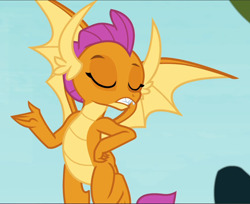 Size: 1152x940 | Tagged: safe, screencap, character:smolder, episode:school daze, g4, my little pony: friendship is magic, cropped, eyes closed, hand on hip, solo, spread wings, wings