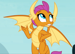 Size: 1284x936 | Tagged: safe, screencap, character:smolder, episode:school daze, g4, my little pony: friendship is magic, cropped, flying, hand on hip, solo, spread wings, wings