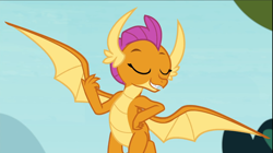Size: 1670x936 | Tagged: safe, screencap, character:smolder, episode:school daze, g4, my little pony: friendship is magic, cropped, eyes closed, flying, proud, smiling, solo, spread wings, wings