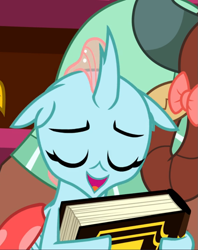 Size: 743x938 | Tagged: safe, screencap, character:gallus, character:ocellus, character:yona, species:changedling, episode:a matter of principals, g4, my little pony: friendship is magic, book, cropped, eyes closed, open mouth, solo
