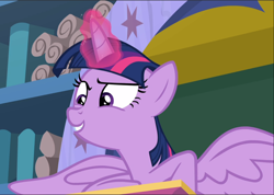 Size: 1324x941 | Tagged: safe, screencap, character:twilight sparkle, character:twilight sparkle (alicorn), species:alicorn, species:pony, episode:a matter of principals, g4, my little pony: friendship is magic, cropped, glowing horn, horn, smiling, solo, spread wings, wings