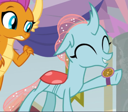 Size: 791x694 | Tagged: safe, screencap, character:ocellus, character:smolder, species:changedling, episode:a matter of principals, g4, my little pony: friendship is magic, cropped, cute, diaocelles, eyes closed, smiling, solo focus, watch