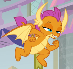 Size: 892x849 | Tagged: safe, screencap, character:smolder, episode:a matter of principals, g4, my little pony: friendship is magic, cropped, flying, lidded eyes, smiling, solo, watch