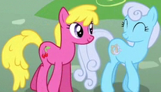 Size: 231x132 | Tagged: safe, screencap, character:cherry berry, character:linky, character:shoeshine, species:earth pony, species:pony, episode:flutter brutter, g4, my little pony: friendship is magic, cropped, duo, eyes closed, female, mare, walking