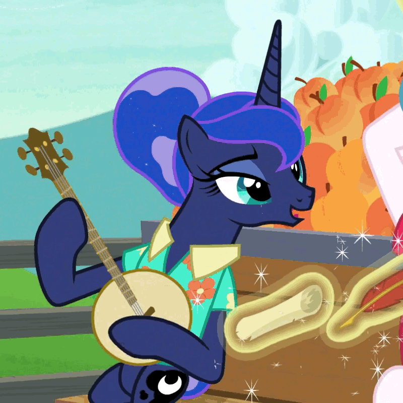 Size: 800x800 | Tagged: safe, screencap, character:princess celestia, character:princess luna, episode:between dark and dawn, g4, my little pony: friendship is magic, animated, banjo, cart, cute, food, lotta little things, lunabetes, magic, musical instrument, peach, playing instrument, quill, scroll, singing, solo, solo focus, telekinesis