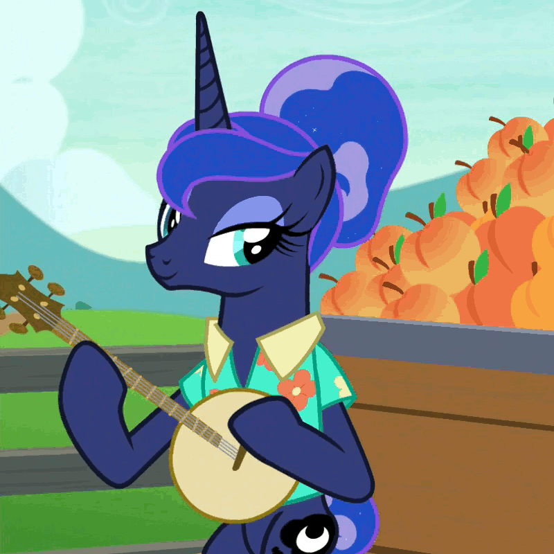Size: 800x800 | Tagged: safe, screencap, character:princess luna, episode:between dark and dawn, g4, my little pony: friendship is magic, animated, banjo, cart, food, lotta little things, musical instrument, peach, playing instrument, solo