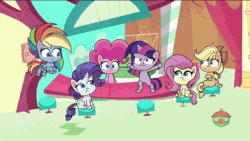 Size: 1920x1080 | Tagged: safe, screencap, character:applejack, character:fluttershy, character:pinkie pie, character:rainbow dash, character:rarity, character:twilight sparkle, species:alicorn, species:earth pony, species:pegasus, species:pony, species:unicorn, episode:meet potion nova!, g4.5, my little pony:pony life, spoiler:pony life s01e21, animated, bipedal, lampshade hanging, mane six, meta, sound, treehouse logo, webm