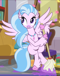 Size: 667x835 | Tagged: safe, screencap, character:silverstream, episode:the hearth's warming club, g4, my little pony: friendship is magic, bipedal, bucket, cropped, cute, diastreamies, mop, smiling, solo, spread wings, wings