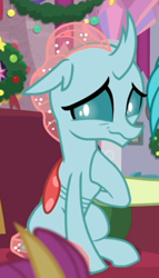 Size: 340x594 | Tagged: safe, screencap, character:ocellus, species:changedling, episode:the hearth's warming club, g4, my little pony: friendship is magic, cropped, grin, nervous, nervous grin, sitting, smiling, solo, wavy mouth