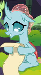 Size: 432x794 | Tagged: safe, screencap, character:ocellus, species:changedling, episode:the hearth's warming club, g4, my little pony: friendship is magic, cropped, scroll, sitting, smiling, solo