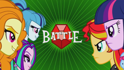 Size: 1920x1080 | Tagged: safe, screencap, character:adagio dazzle, character:aria blaze, character:sonata dusk, character:sunset shimmer, character:twilight sparkle, character:twilight sparkle (eqg), species:eqg human, equestria girls:rainbow rocks, g4, my little pony:equestria girls, battle of the bands, face to face, female, gem, grin, siren gem, smiling, the dazzlings, title card, youtube link