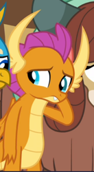 Size: 322x589 | Tagged: safe, screencap, character:smolder, episode:what lies beneath, g4, my little pony: friendship is magic, cropped, offscreen character, sad, solo