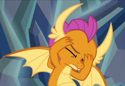 Size: 1374x938 | Tagged: safe, screencap, character:smolder, episode:what lies beneath, g4, my little pony: friendship is magic, cropped, eyes closed, solo