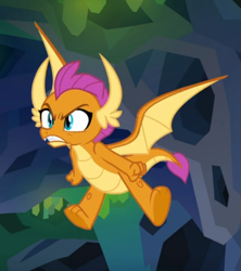 Size: 529x597 | Tagged: safe, screencap, character:smolder, episode:what lies beneath, g4, my little pony: friendship is magic, angry, clenched fist, cropped, flying, gritted teeth, solo, spread wings, wings
