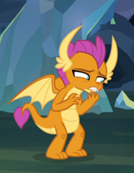 Size: 350x451 | Tagged: safe, screencap, character:smolder, episode:what lies beneath, g4, my little pony: friendship is magic, cropped, embarrassed, narrowed eyes, solo, whispering