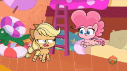 Size: 1908x1076 | Tagged: safe, screencap, character:applejack, character:pinkie pie, species:crab, species:earth pony, species:pony, episode:pony surfin' safari, g4.5, my little pony:pony life, spoiler:pony life s01e22, angry, animated, beach, beach towel, bunk bed, dragging, freckles, paper, sound, surprised, talking, webm