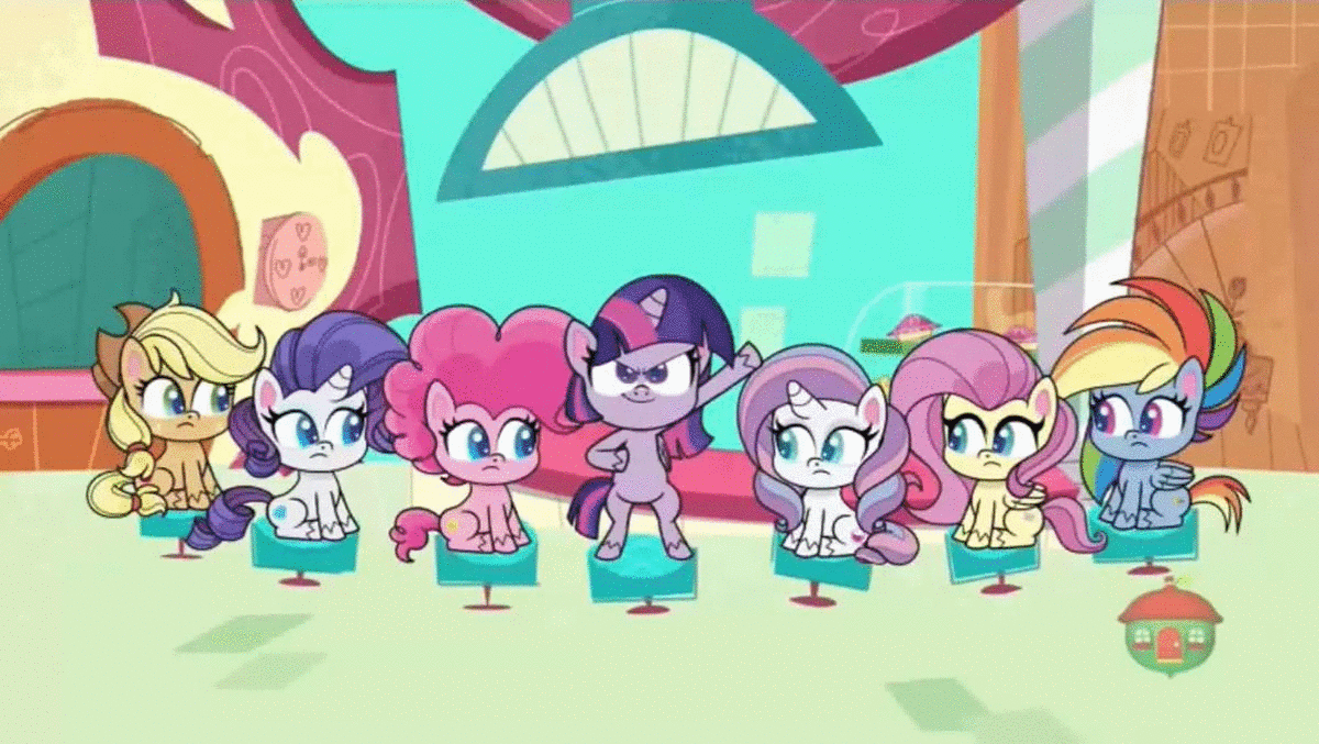 Size: 1200x677 | Tagged: safe, screencap, character:applejack, character:fluttershy, character:pinkie pie, character:potion nova, character:rainbow dash, character:rarity, character:twilight sparkle, character:twilight sparkle (alicorn), species:alicorn, species:earth pony, species:pegasus, species:pony, species:unicorn, episode:meet potion nova!, g4.5, my little pony:pony life, spoiler:pony life s01e21, animated, bipedal, chair, confused, excited, eyes closed, sitting, smiling, sparkles, sugarcube corner, sunburst background, wings