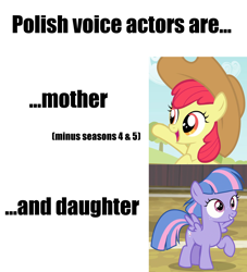 Size: 2000x2200 | Tagged: safe, screencap, character:apple bloom, character:wind sprint, species:earth pony, species:pegasus, species:pony, episode:common ground, episode:the last roundup, g4, my little pony: friendship is magic, adorabloom, antonina żbikowska, applejack's hat, clothing, cowboy hat, cute, female, filly, fun fact, hat, impact font, joanna pach-żbikowska, polish, sprintabetes, voice actors are related
